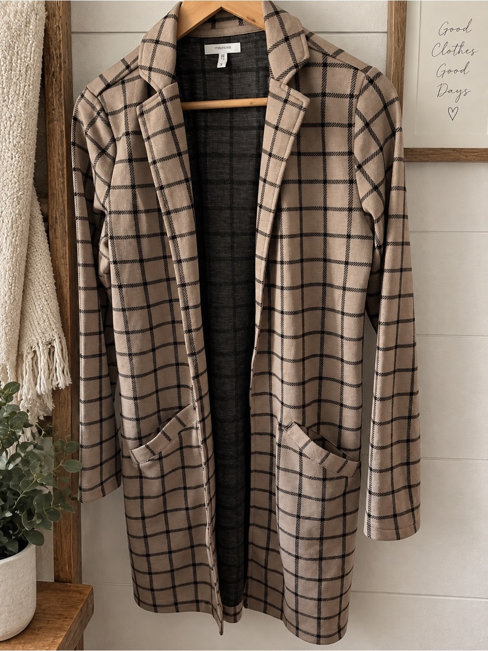 Taupe and Black Windowpane Plaid Duster  Coatigan
